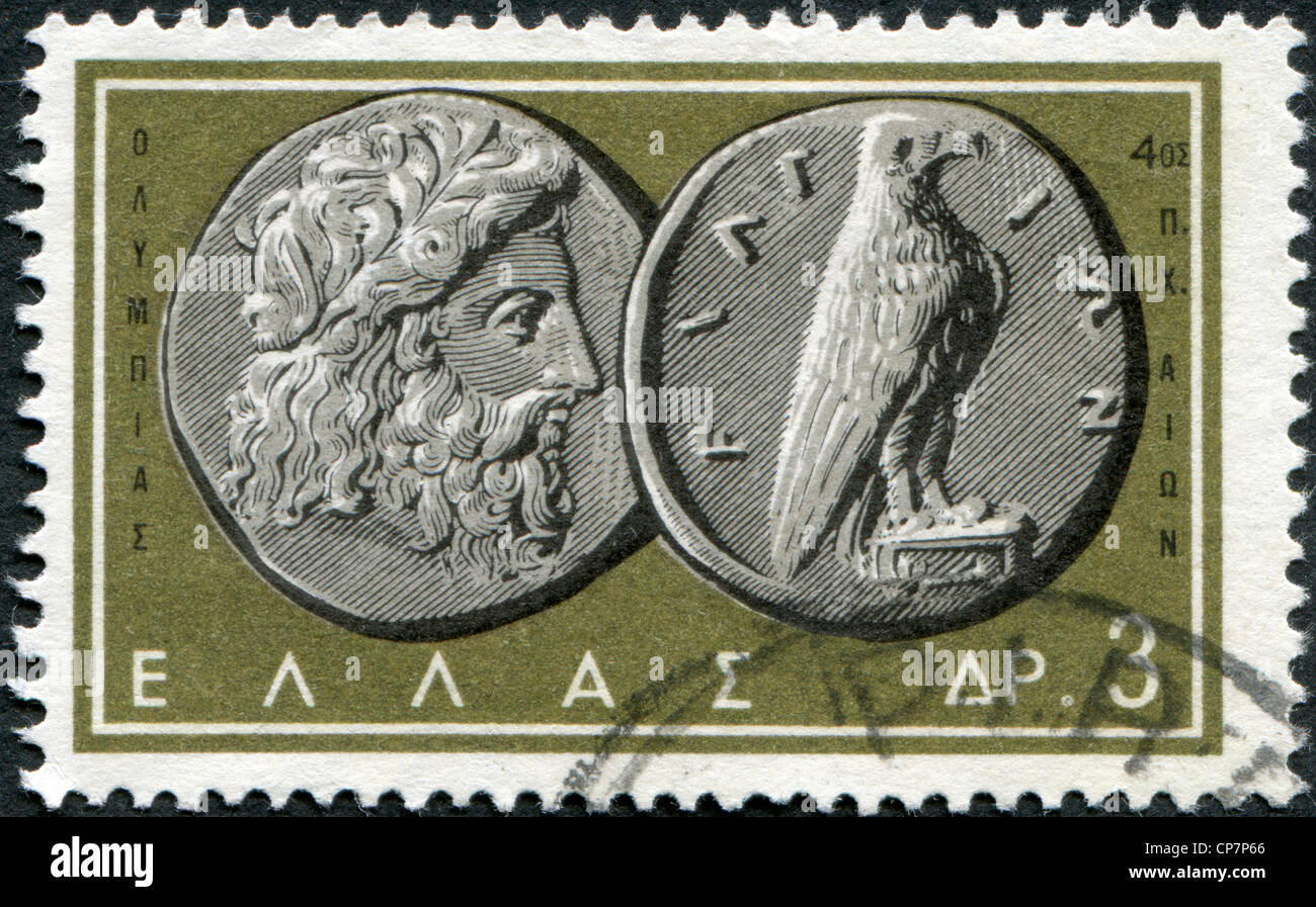 Grèce - circa 1963 : timbres-poste imprimés en Grèce, montre des pièces de la Grèce antique : Zeus & Eagle, vers 1963 Banque D'Images