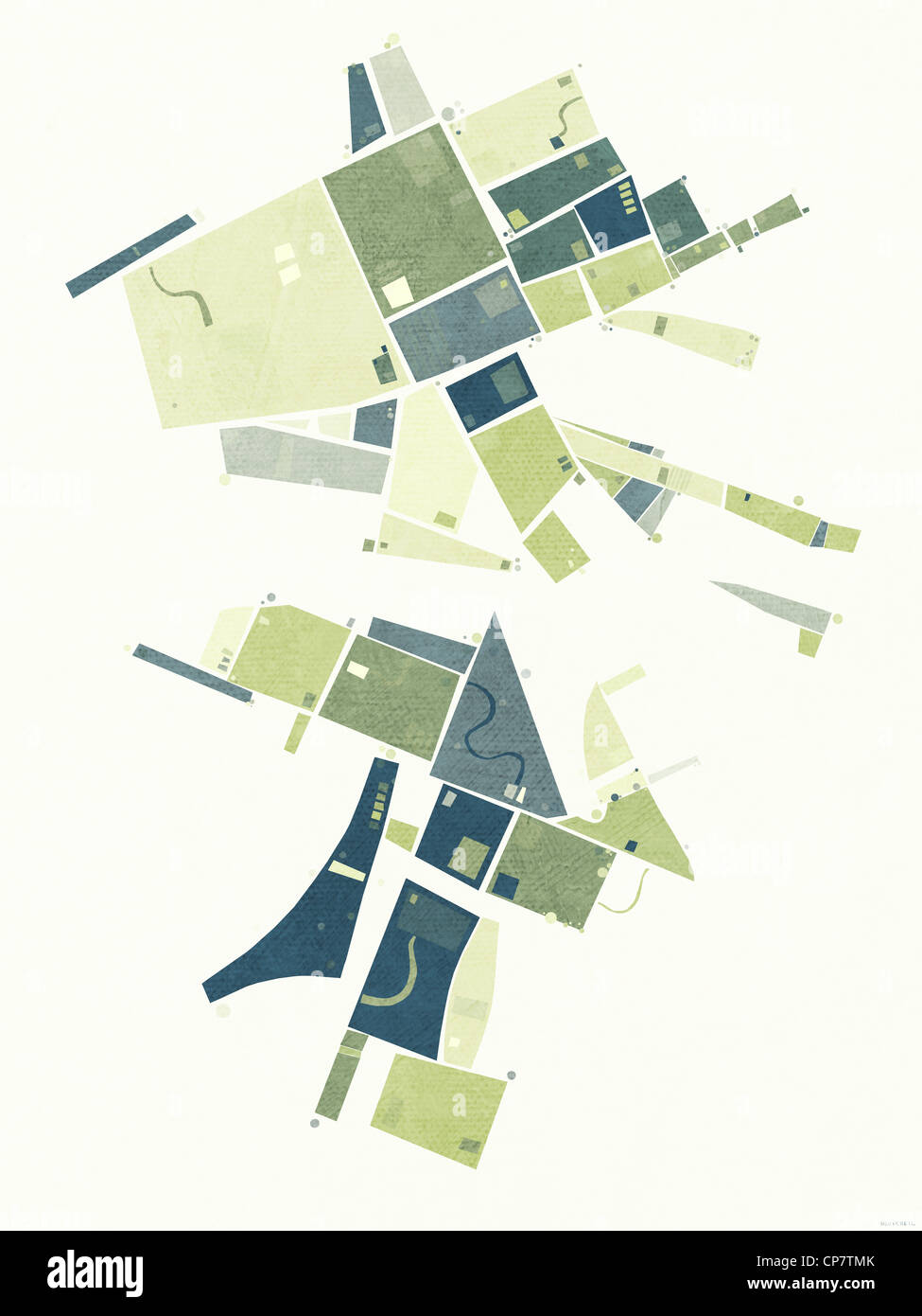 Peinture d'une carte verte, sous la forme d'une vue aérienne de champs Banque D'Images