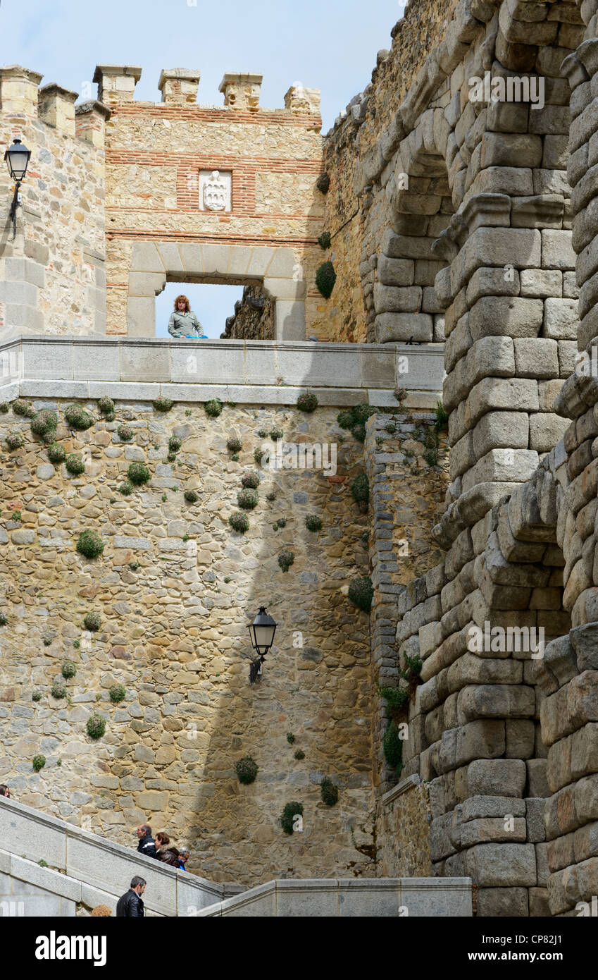 Détail de l'aqueduc romain fin à Plaza del Azoguejo (Ségovie, Espagne) Banque D'Images