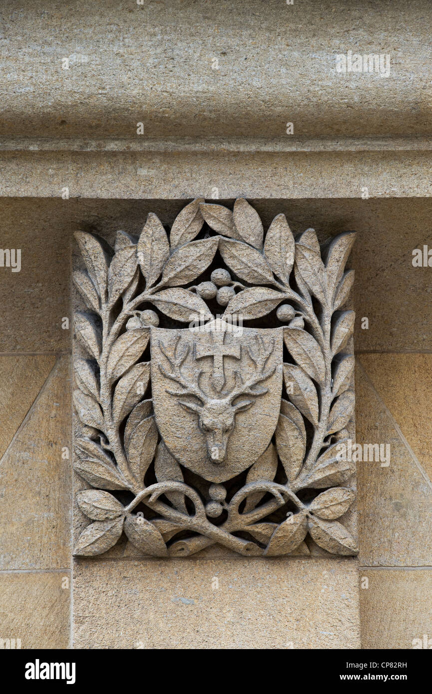 Tête de cerf et bouclier feuilles de laurier de la sculpture sur pierre, Oxford, Oxfordshire, Angleterre Banque D'Images