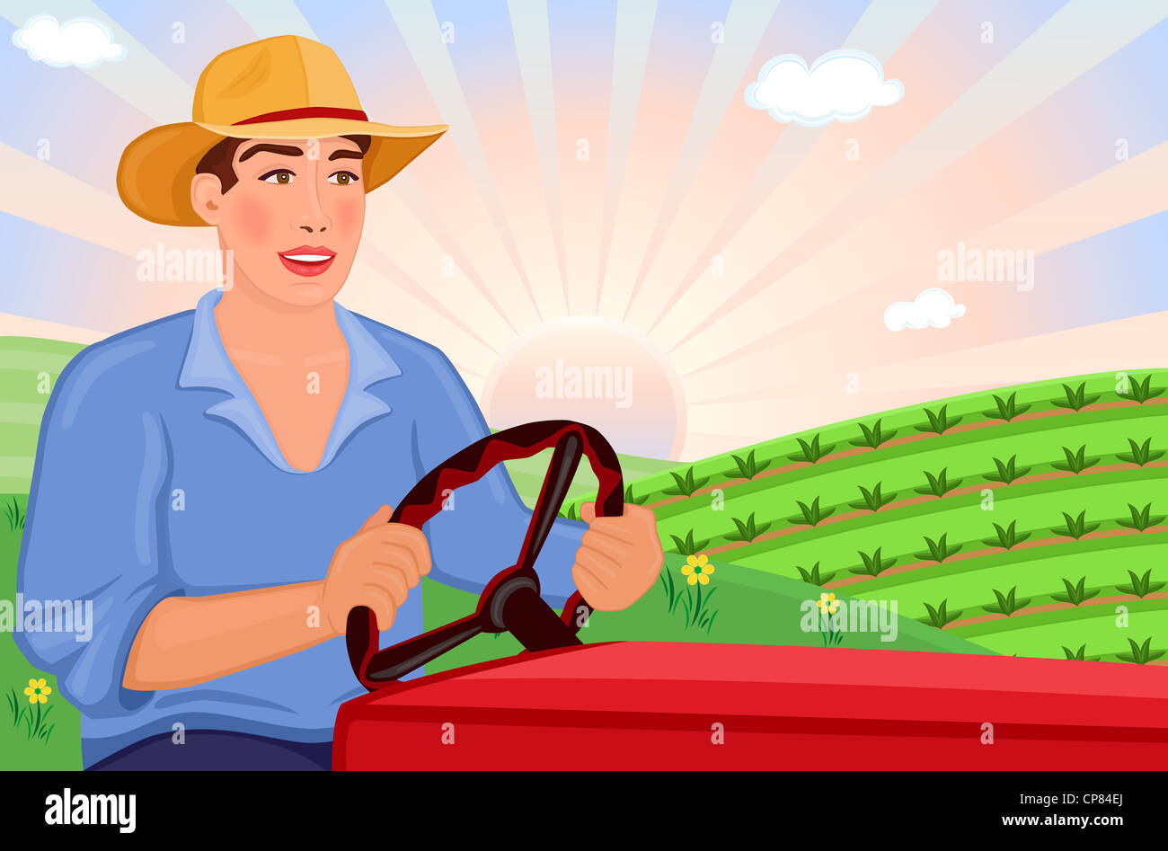 Heureux agriculteur au volant de son tracteur sur les champs sur une belle journée de printemps. Banque D'Images