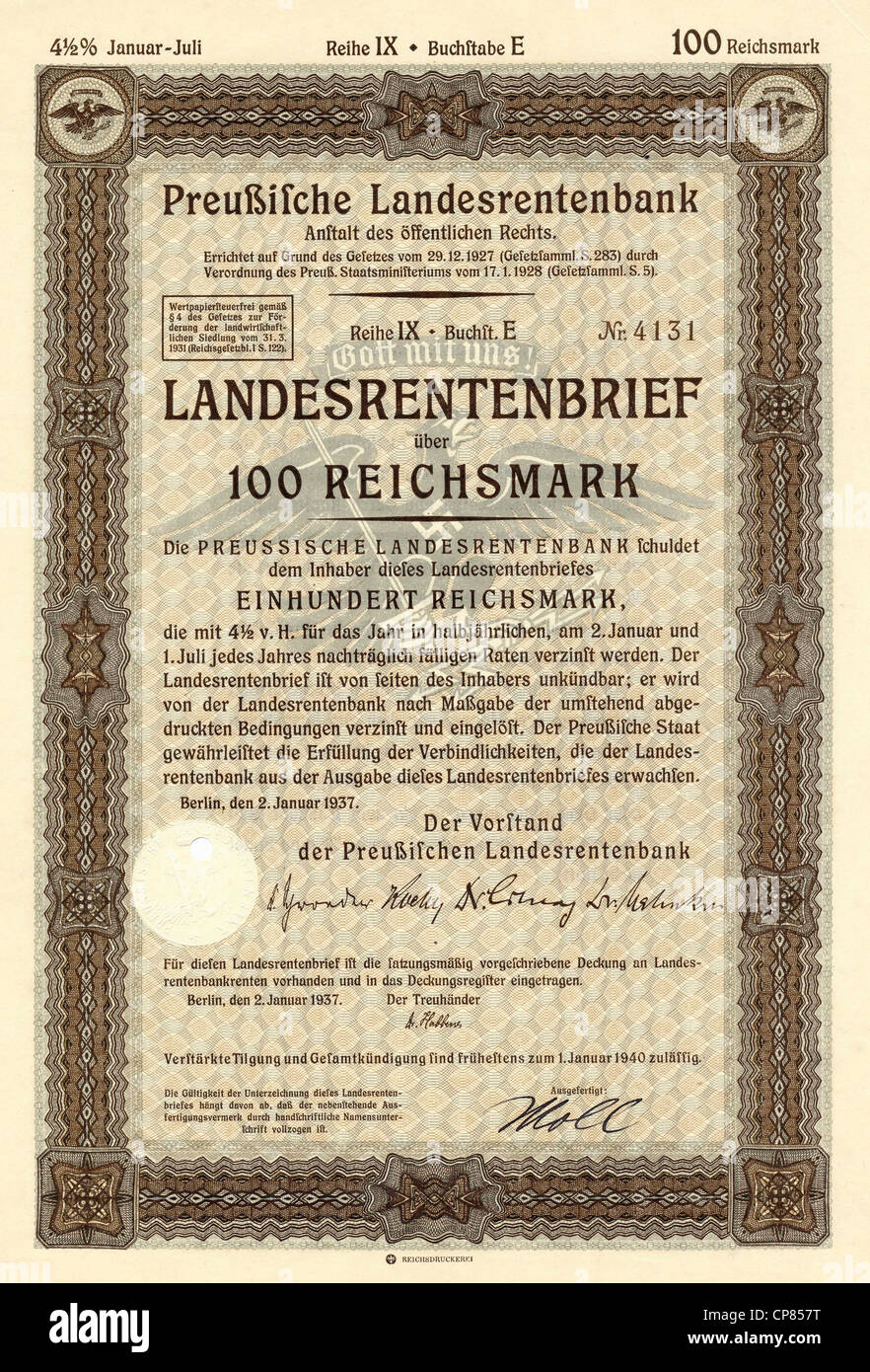 Historic Stock certificat, emprunt obligataire, certificat de rente, l'Allemagne, der Preußischen Schuldverschreibung, Landesrentenbrief Banque D'Images