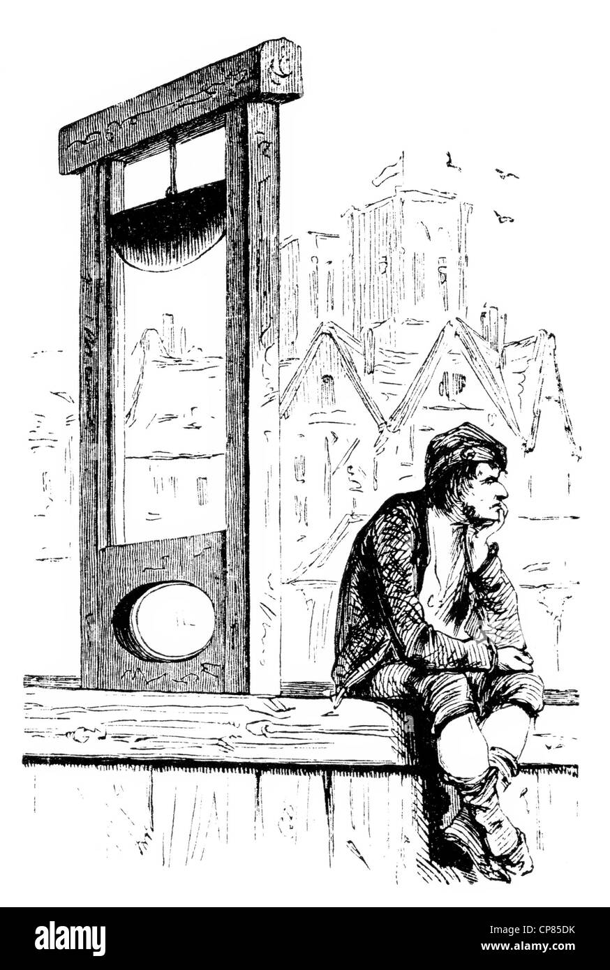 Ennuyer le pendu à la guillotine, Révolution Française, historique, gravure 19e siècle , Gelangweilter Henker mit oder Guillotine Banque D'Images