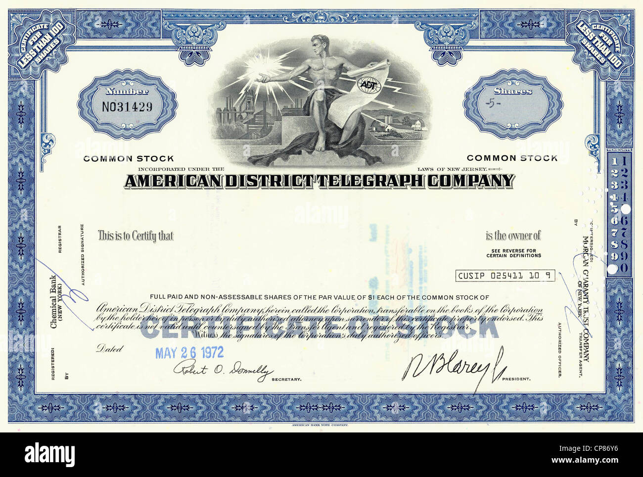Certificat d'actions historiques, American District Telegraph Company, ADT,  société pour les systèmes de sécurité et d'alarme d'incendie s Photo Stock  - Alamy