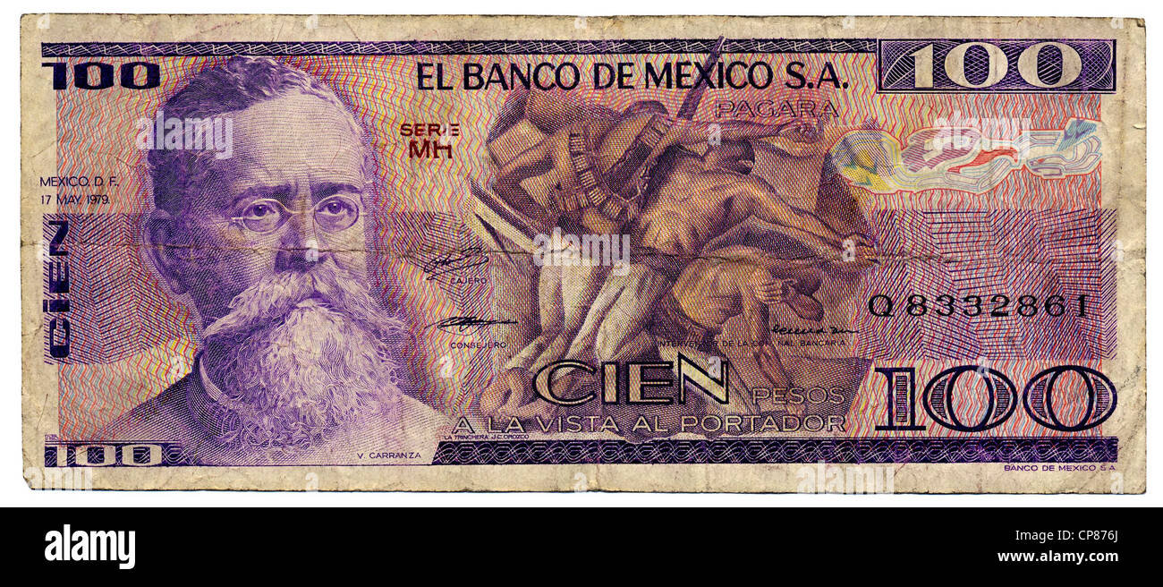 Historische Billet, 100 Peso, Venustiano Carranza de la Garza, 1979, Mexique Banque D'Images