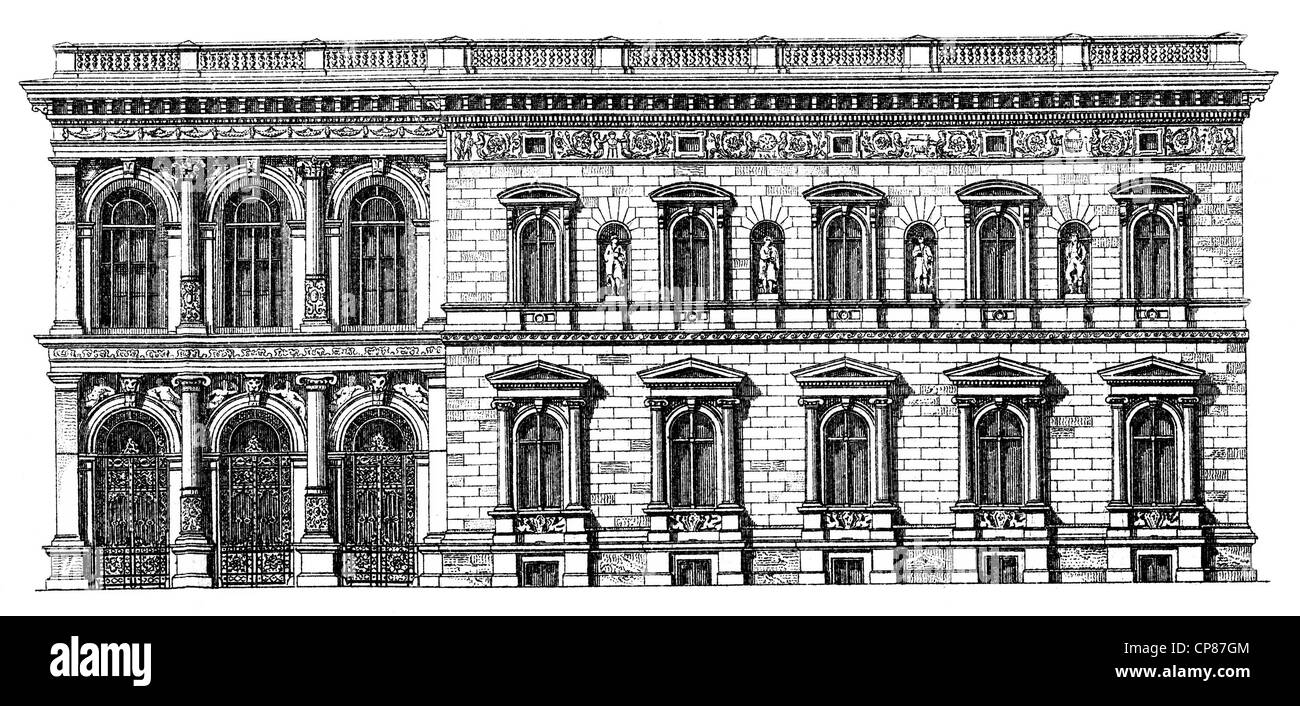 Historische, zeichnerische Darstellung Berliner Bauwerke, Palais Borsig, 19. Jahrhundert, aus Meyers Konversations-Lexikon, 1889 Banque D'Images