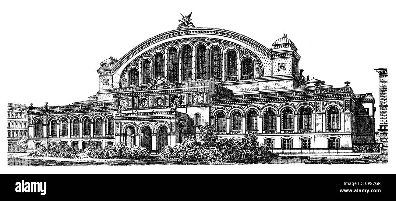 Historische, zeichnerische Darstellung Berliner Bauwerke, Anhalter Bahnhof, 19. Jahrhundert, aus Meyers Konversations-Lexikon, 1 Banque D'Images