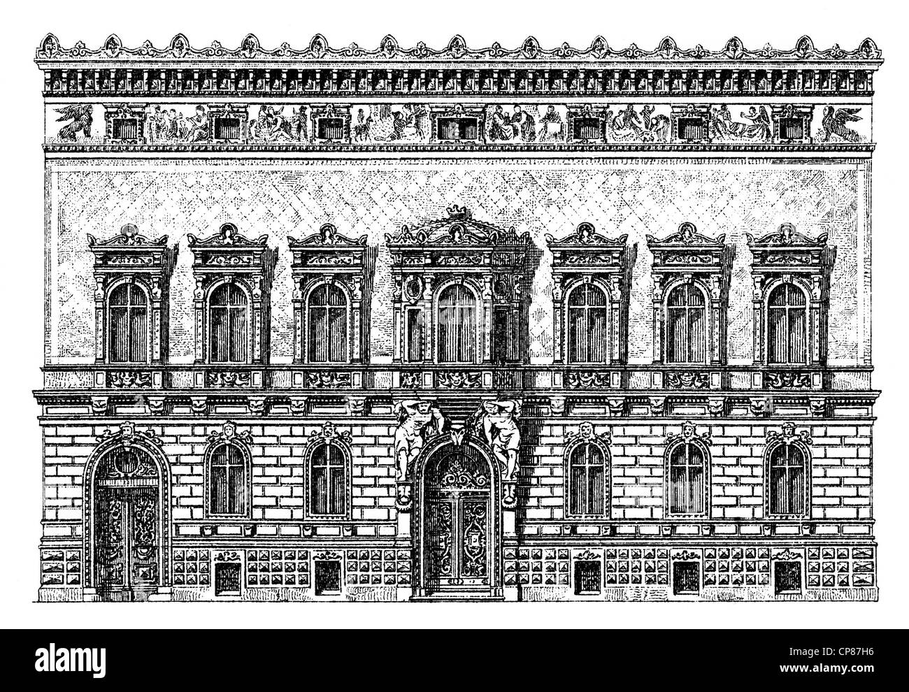 Historische, zeichnerische Darstellung Berliner Bauwerke, Palais Pringsheim, 19. Jahrhundert, aus Meyers Konversations-Lexikon, Banque D'Images