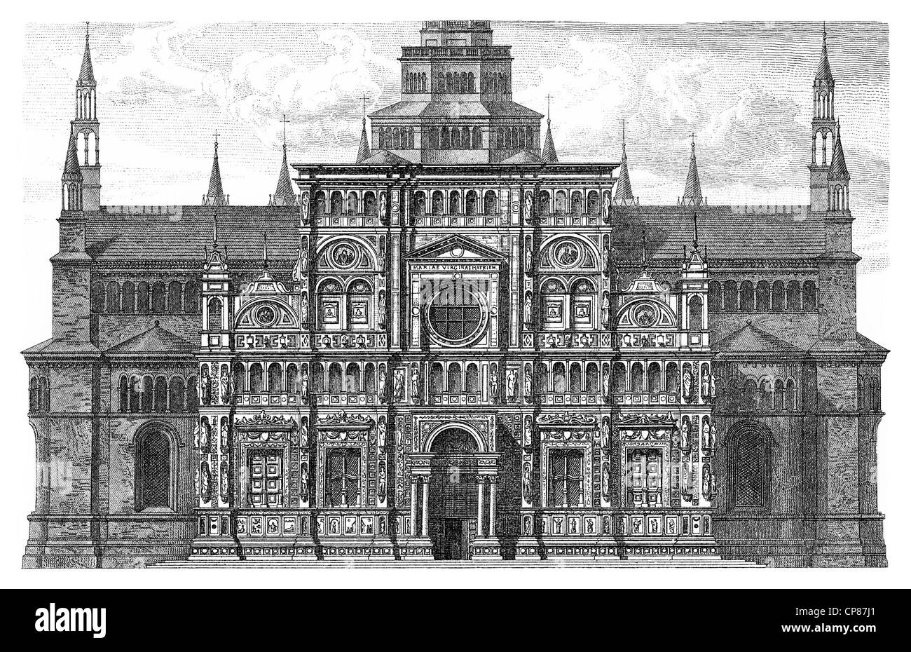 Historische, zeichnerische la façade, Darstellung der Kirche Madonna delle Grazie, Certosa di Pavia, Italie, 16. Jahrhundert, aus Banque D'Images