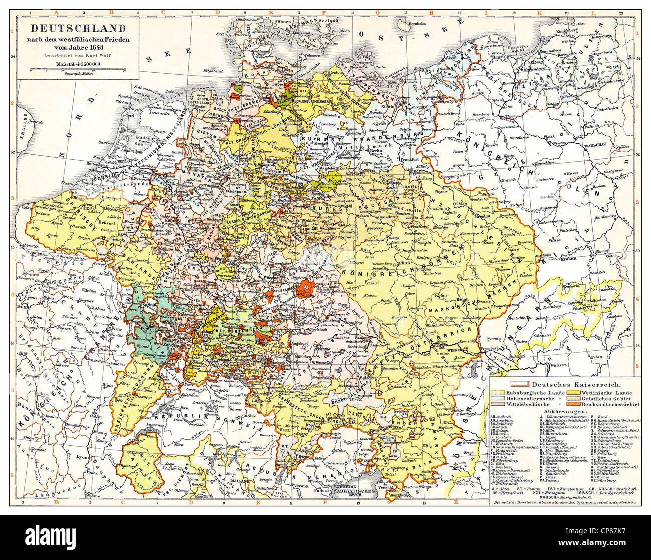 Carte historique de l'Allemagne et l'Europe après la Paix de Westphalie, 1648, 17e siècle, Historische, zeichnerische Darstellung, Banque D'Images