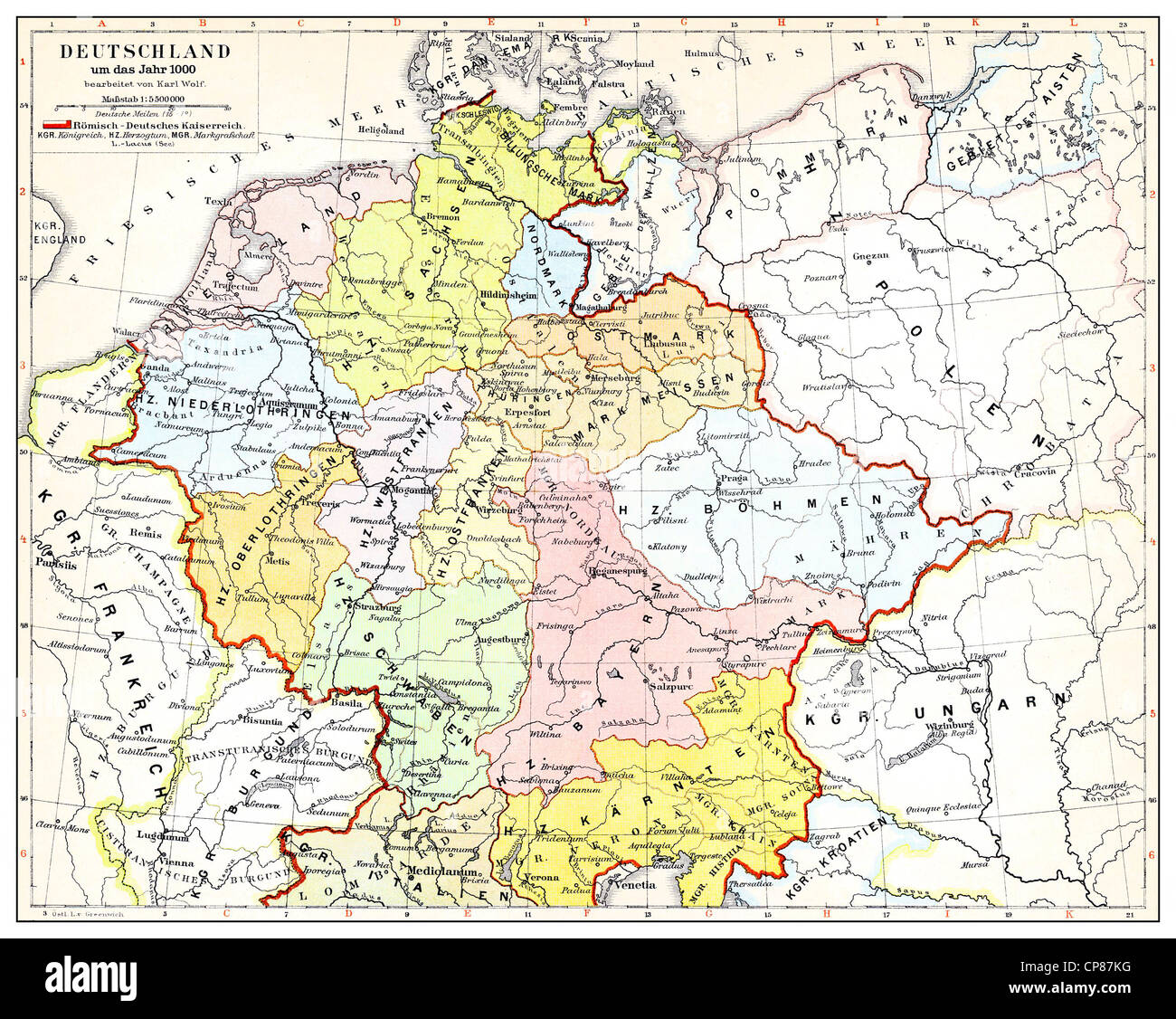 Carte historique de l'Allemagne et l'Europe, Empire Roman-German au 10e siècle, Historische, zeichnerische Darstellung, Landkarte Banque D'Images
