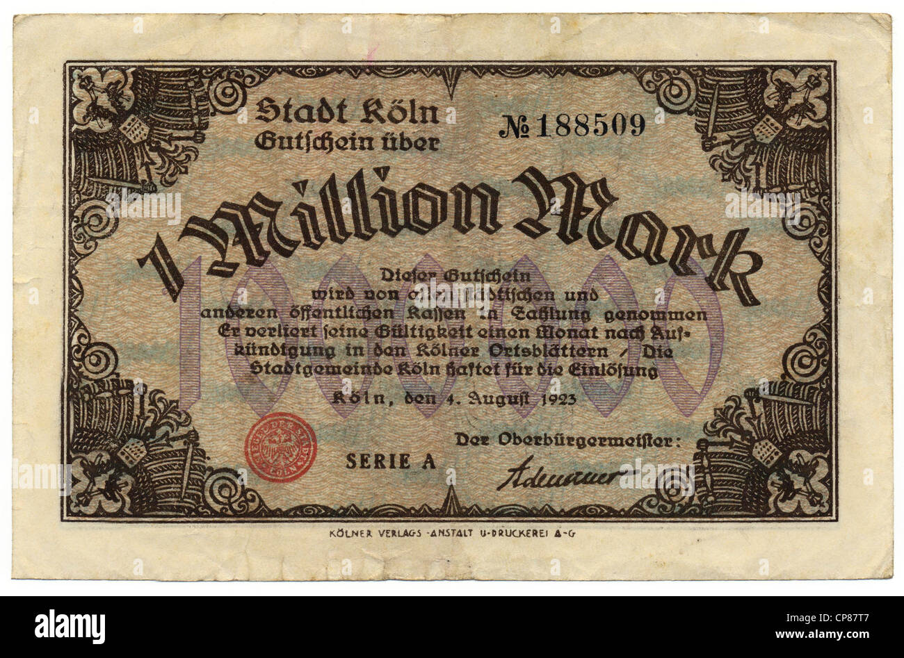 Notgeld aus Köln mit Unterschrift der Bürgermeister von Konrad Adenauer als, 1 million de Mark, 1923, Deutschland, Europa, situation Banque D'Images