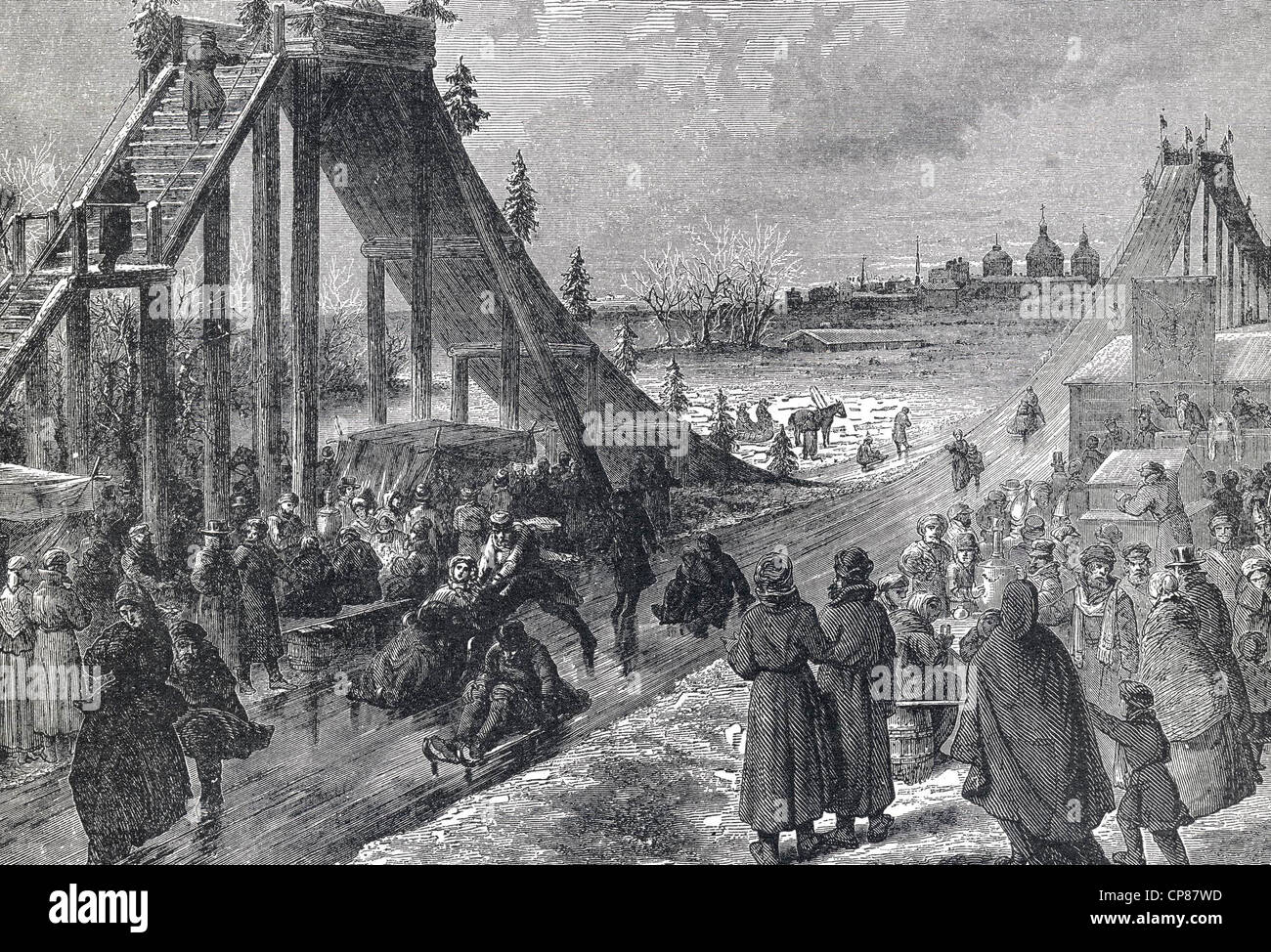 Luge en hiver russe, Saint-Pétersbourg, Russie, gravure, historique du 19e siècle, Panorama Erlebnis Brücke im Winter Schaubek St., Pe Banque D'Images