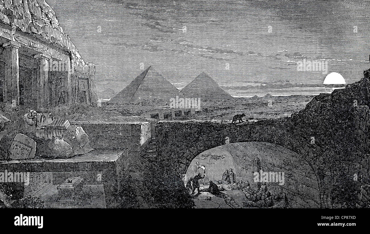 Pyramides et momies des catacombes avec la nuit, Le Caire, Égypte, gravure historique du 19ème siècle, Die Pyramiden und Katakomben m Banque D'Images