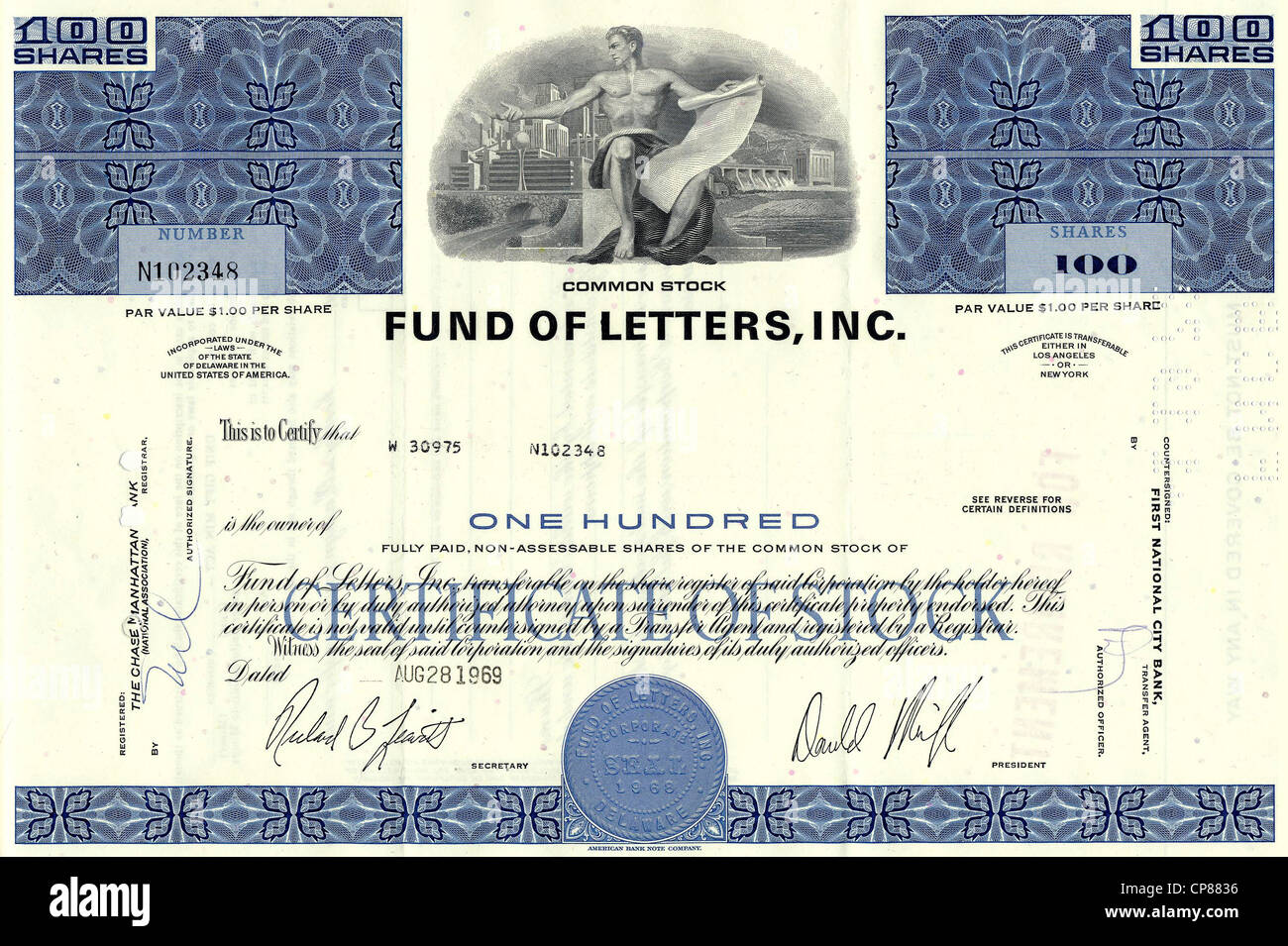 Certificat d'actions historiques, du secteur bancaire et financier, des fonds de lettres, Inc., 1969, Los Angeles, Californie, USA Banque D'Images