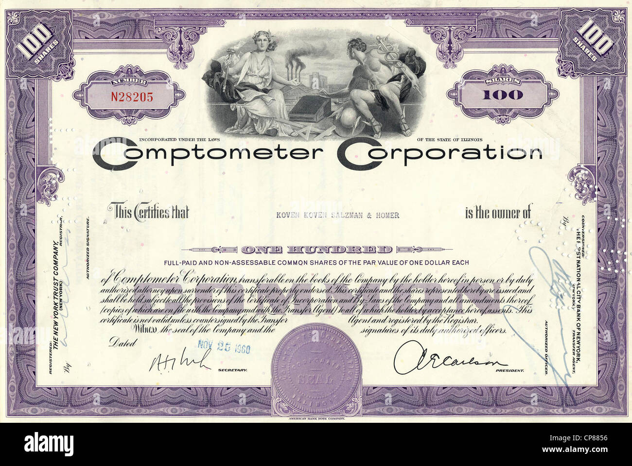 Certificat d'actions historiques, les dieux grecs Olympie et Hermes assis avec une calculatrice mécanique en face de l'usine w Banque D'Images
