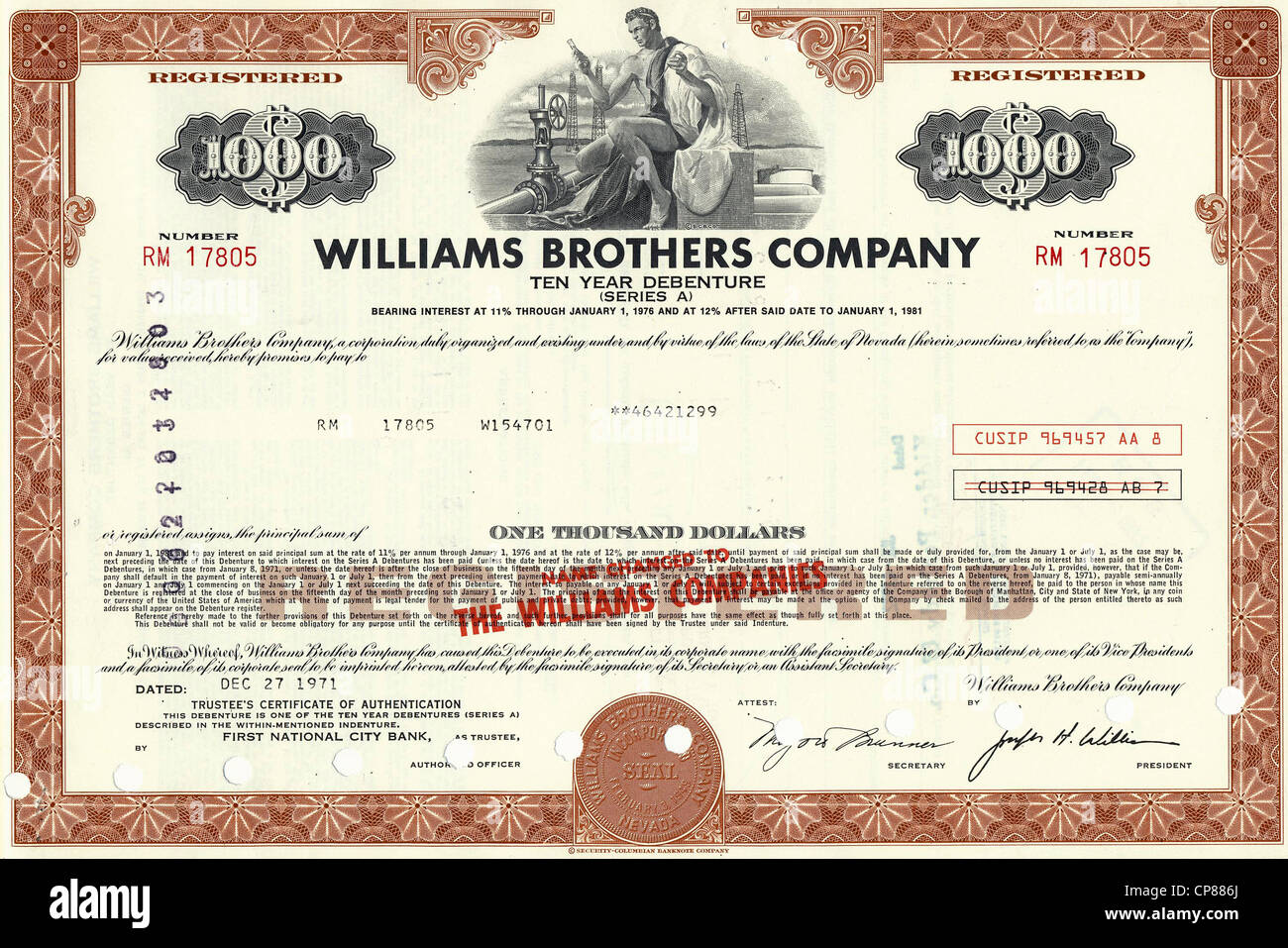 Stock historique certificat d'une société pétrolière et gazière, oléoduc, energy, Williams Brothers Company, Tulsa, Oklahoma Banque D'Images