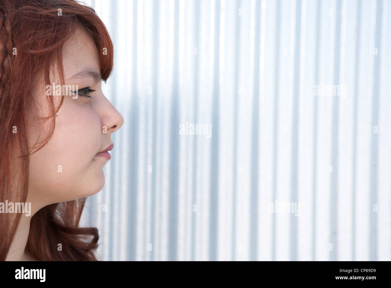Profil de quinze ans girl wearing eye liner, avec fond argenté. Banque D'Images