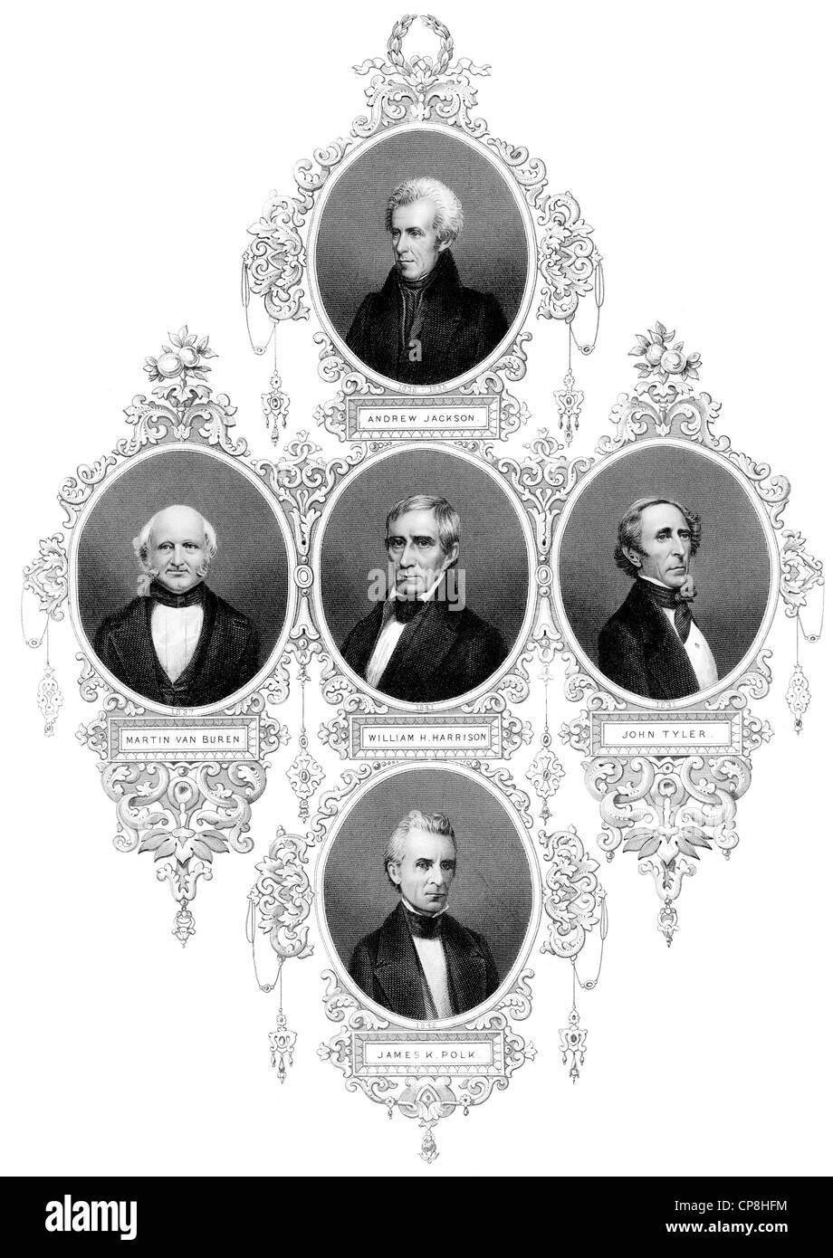 Portraits des présidents des États-Unis d'Amérique, 1829-1849, Andrew Jackson, Martin Van Buren, William Henry Harrison, Banque D'Images