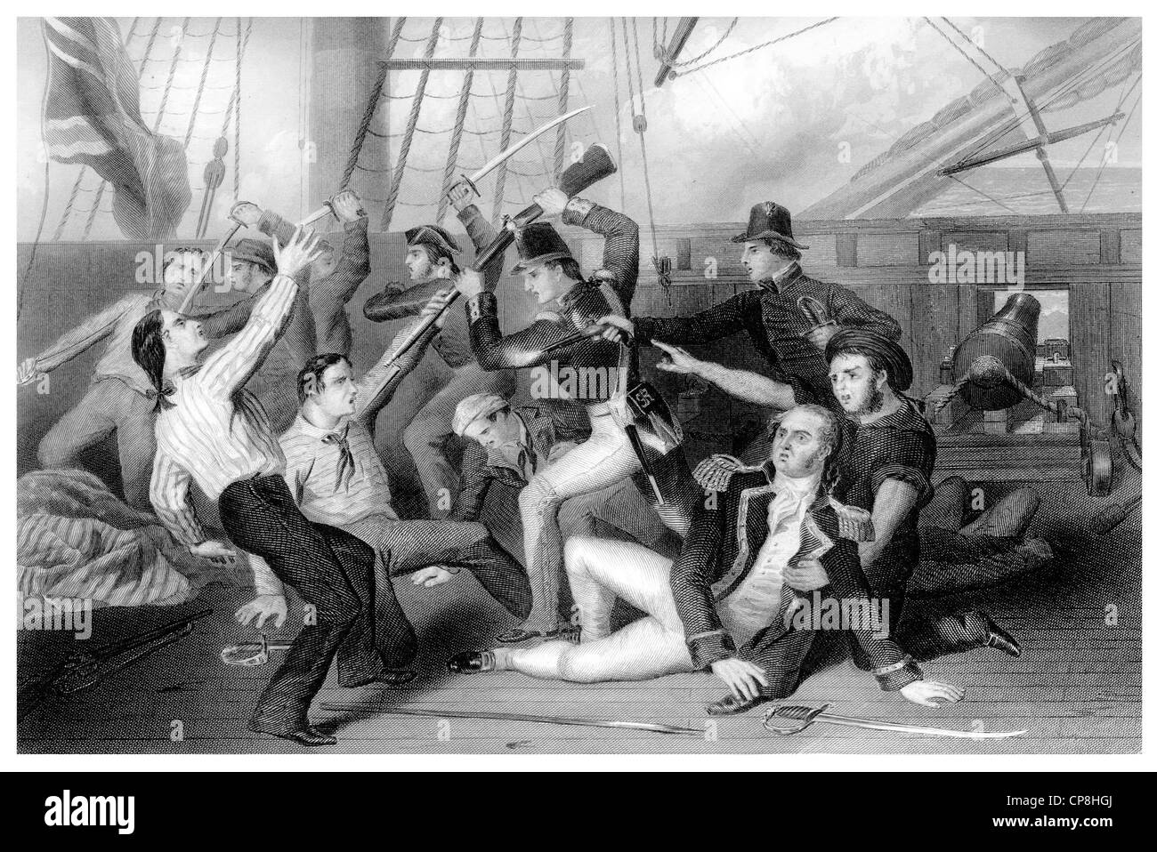 L'embarquement du Chesapeke par l'équipage du Shannon, 1812, la frégate USS Chesapeake commandée par le capitaine James Lawrence j Banque D'Images