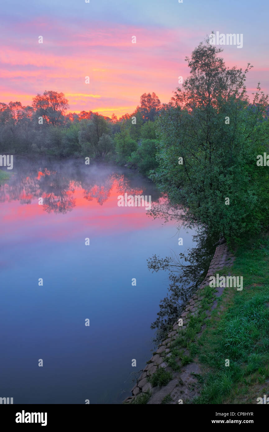 Le matin paysage avec brouillard et rose chaud ciel au-dessus de la rivière Narew, la Pologne. Banque D'Images