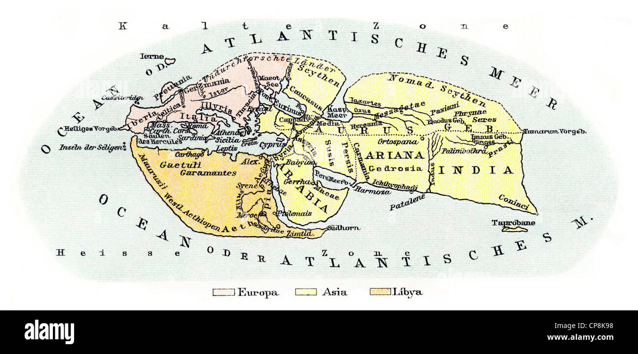 Carte historique du 19ème siècle, la carte du monde selon Strabon ou Strabon, vers 63 av. J.-C. - 23 après J.-C., un ancien historien grec Banque D'Images