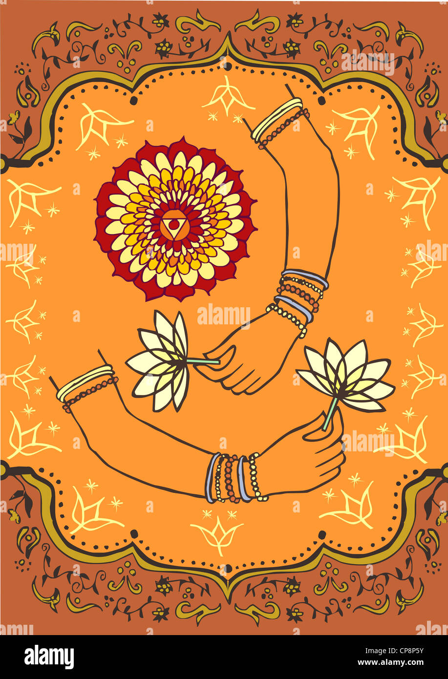 La femme indienne et lotus brown et fond orange. Fichier vecteur disponible. Banque D'Images