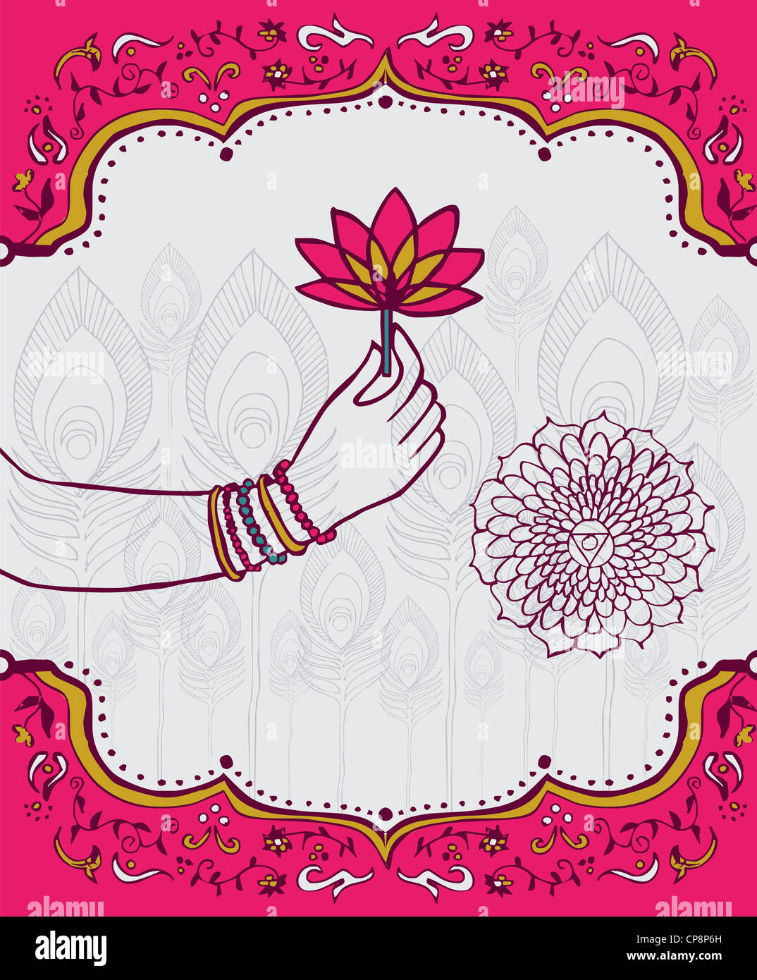 Femme indienne main tenant une fleur de lotus sur fond blanc et rose. Fichier vecteur disponible. Banque D'Images