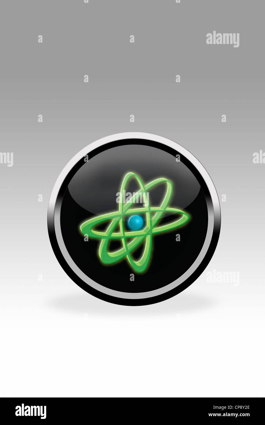 Bouton noir montrant atom symbol, Close up Banque D'Images