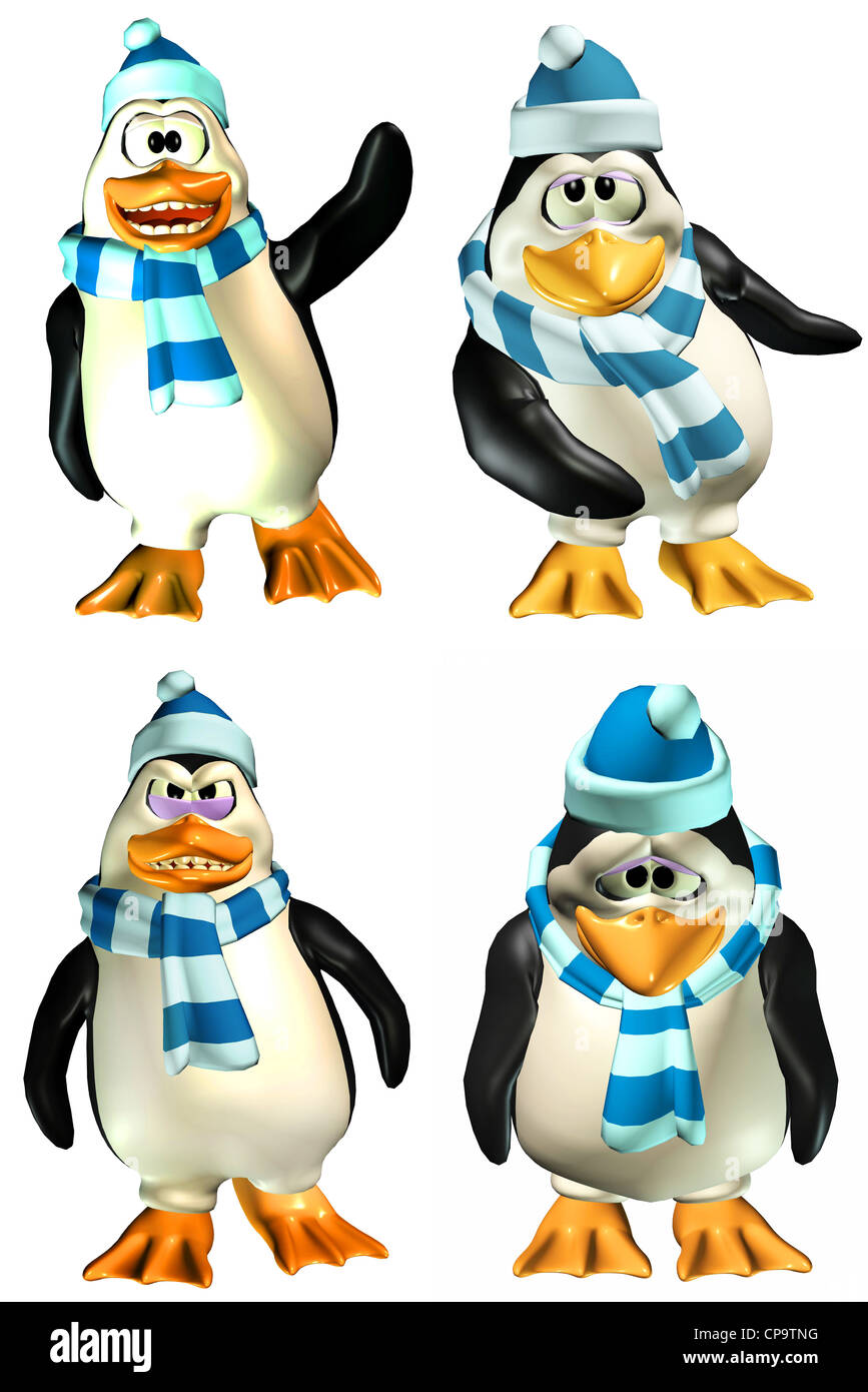 Illustration d'un pack de quatre (4) hommes pingouins avec différentes poses et expressions isolé sur fond blanc Banque D'Images