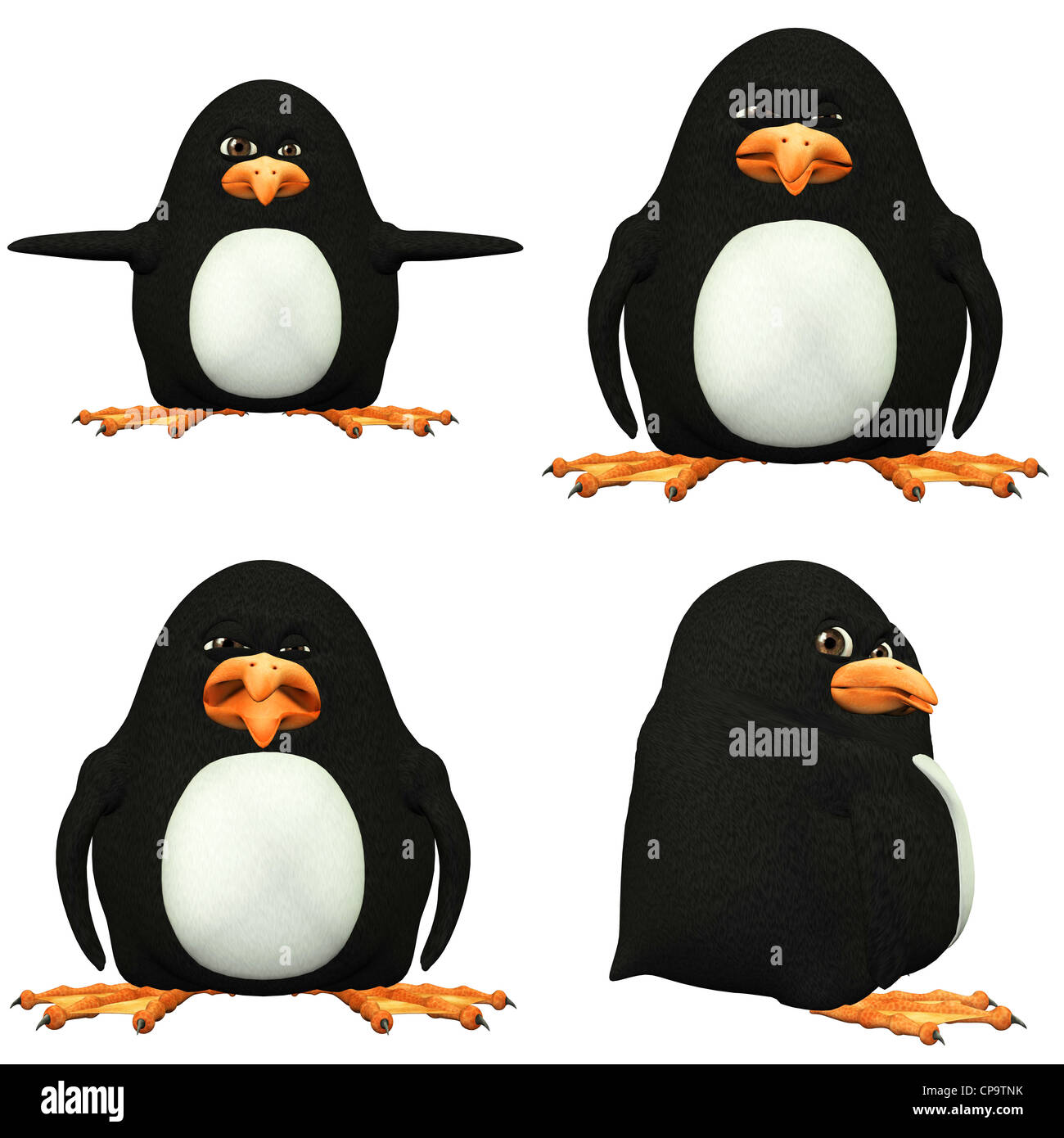 Illustration d'un pack de quatre (4) pingouins avec différentes poses et expressions isolé sur fond blanc Banque D'Images