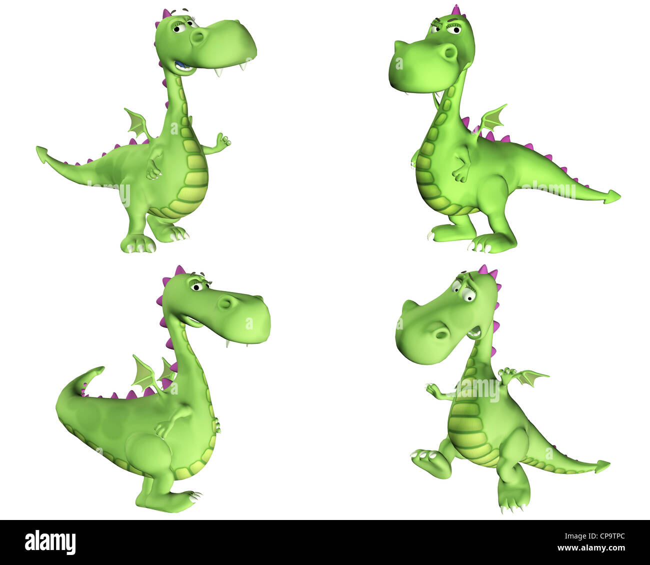 Illustration d'un pack de quatre (4) dragons vert avec différentes poses et expressions isolé sur fond blanc - 1de3 Banque D'Images