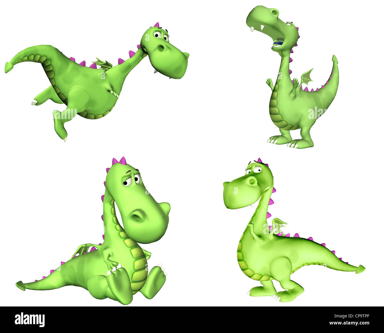 Illustration d'un pack de quatre (4) dragons vert avec différentes poses et expressions isolé sur fond blanc - 2de3 Banque D'Images