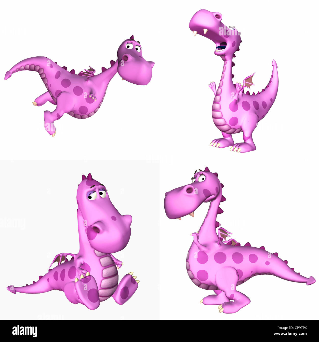 Illustration d'un pack de quatre (4) femmes rose dragons avec différentes poses et expressions isolé sur un fond blanc -2D3 Banque D'Images