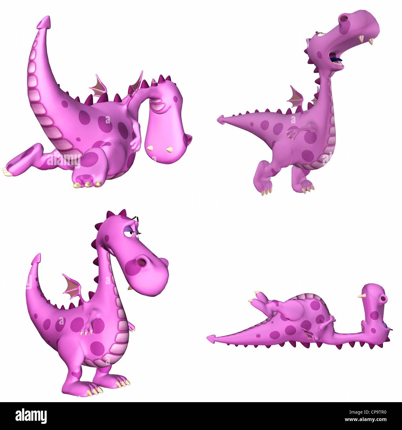 Illustration d'un pack de quatre (4) femmes rose dragons avec différentes poses et expressions isolé sur un fond blanc -3D3 Banque D'Images