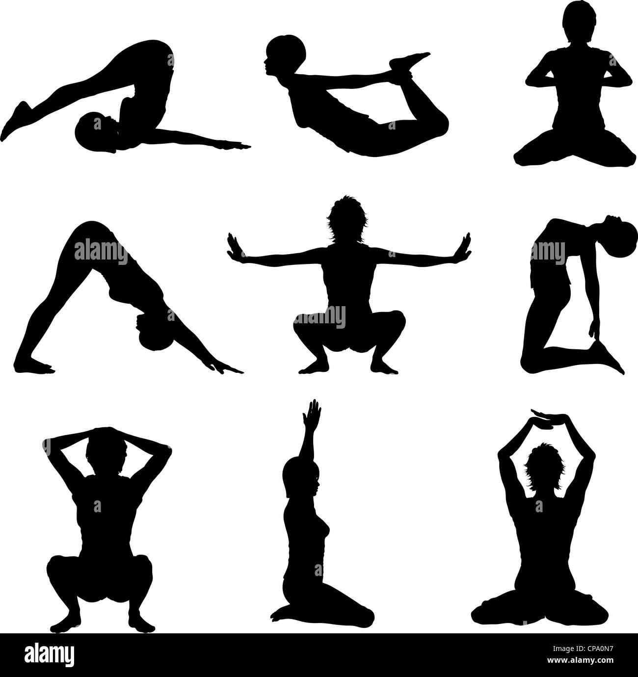 Silhouettes de femmes dans diverses postures de yoga Banque D'Images
