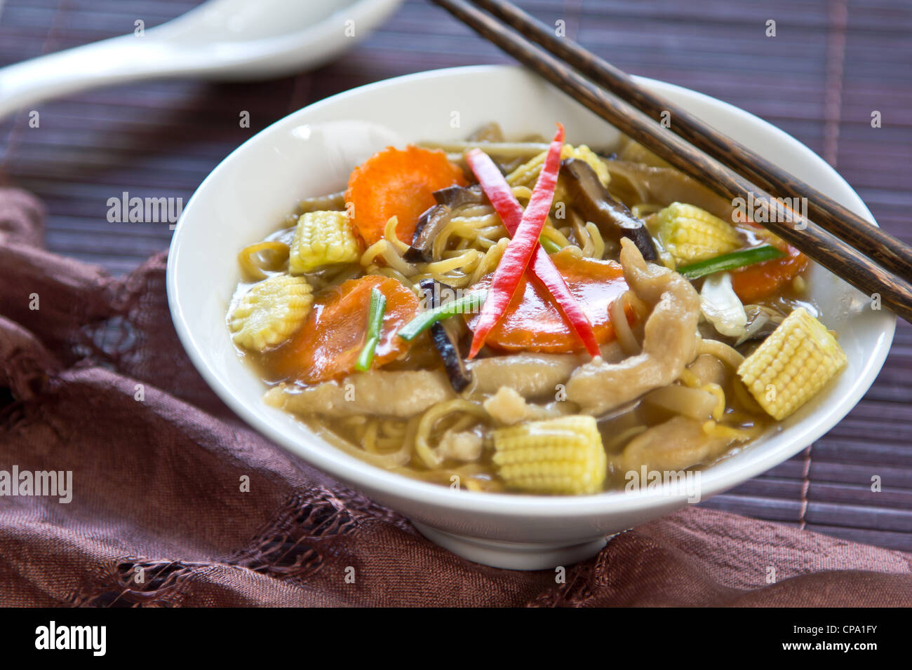 Poulet et nouilles avec sauce aux champignons Banque D'Images