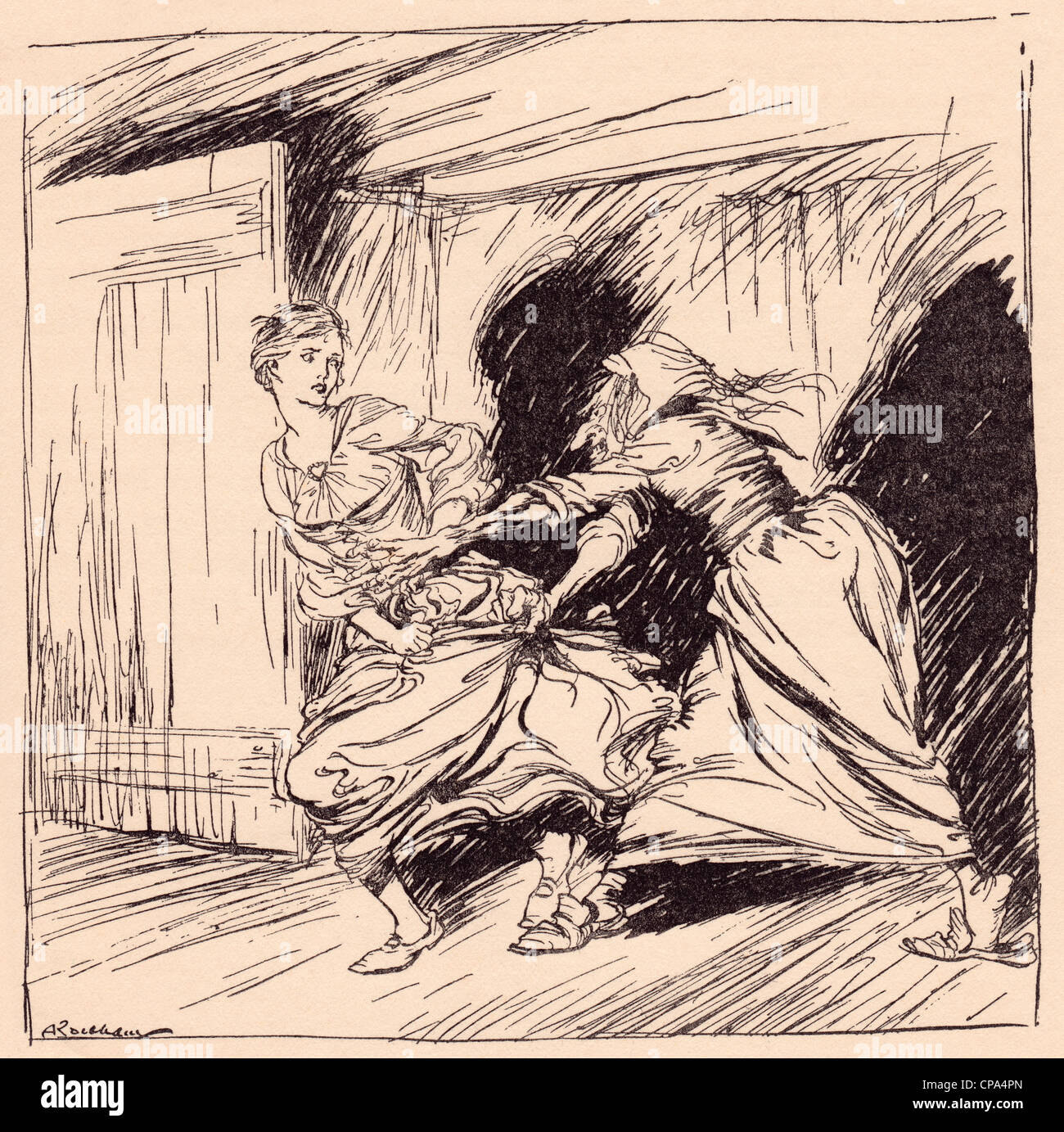 La vieille femme la saisit par la robe et essayé de tenir son jeûne. Le conte de Grimm, l'arbre enchanté. Banque D'Images La vieille femme la saisit par la robe et essayé de tenir son jeûne. Le conte de Grimm, l'arbre enchanté. Banque D'Images