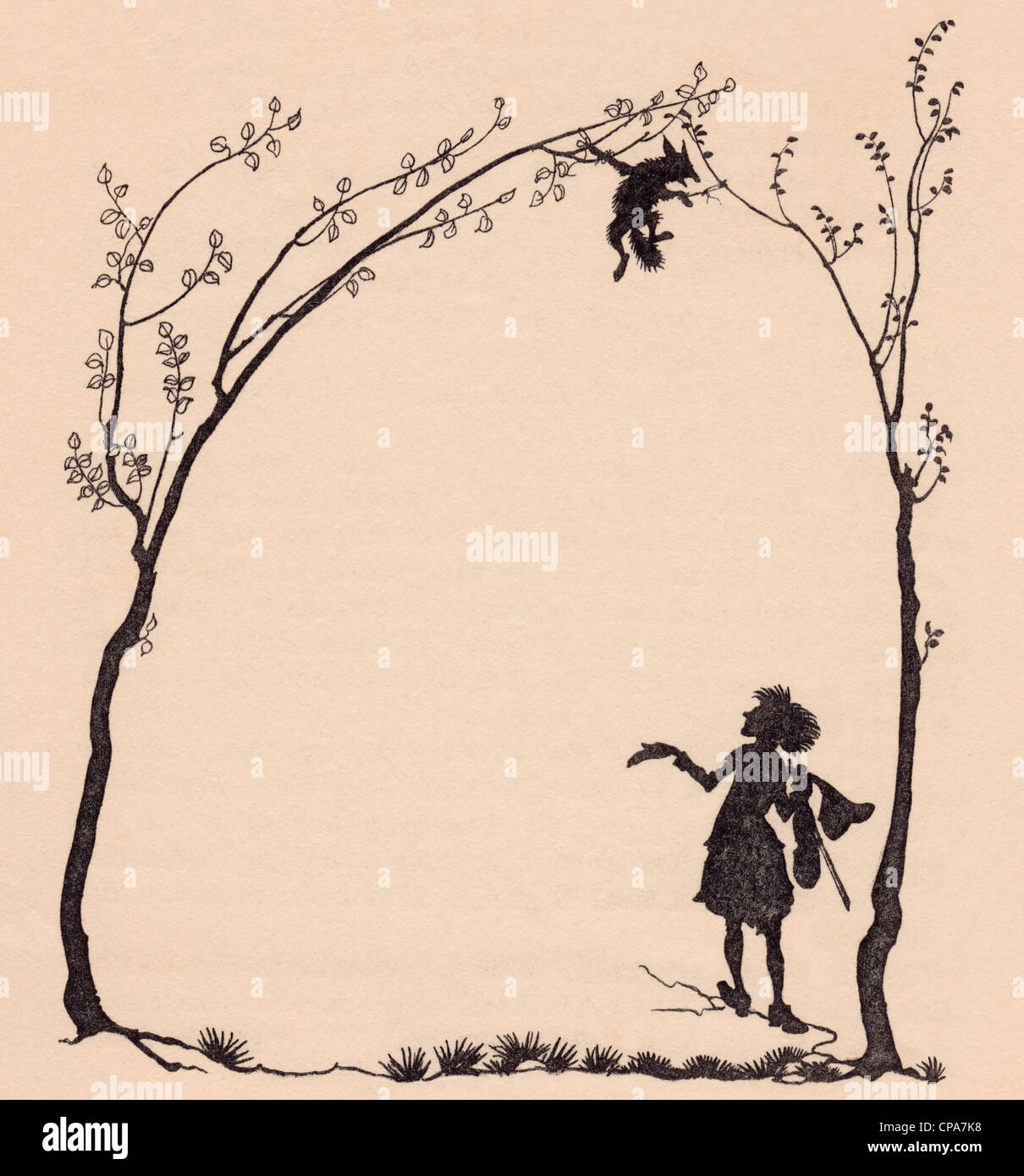 Un renard lié par ses pattes pour deux noisetiers. Illustration par Arthur Rackham le conte de Grimm, le merveilleux musicien. Banque D'Images Un renard lié par ses pattes pour deux noisetiers. Illustration par Arthur Rackham le conte de Grimm, le merveilleux musicien. Banque D'Images