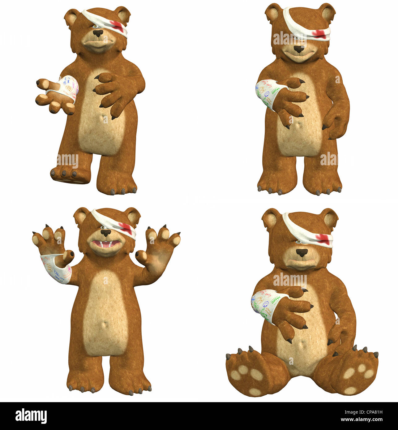 Illustration d'un pack de quatre (4) les ours blessés avec différentes poses et expressions isolé sur fond blanc Banque D'Images