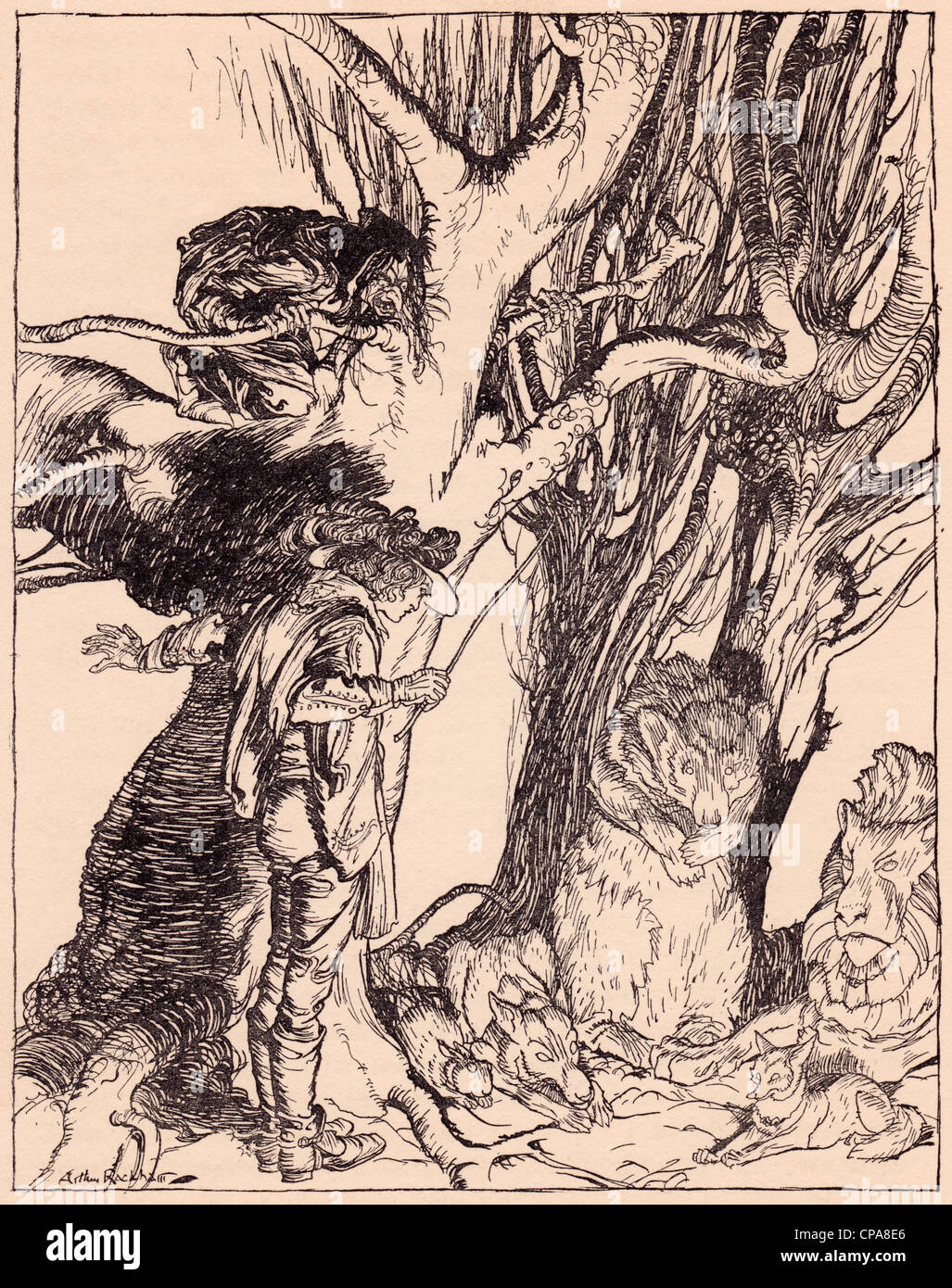 Ils pondent instantanément tous encore transformé en pierre. Illustration par Arthur Rackham le conte de Grimm, les deux frères. Banque D'Images