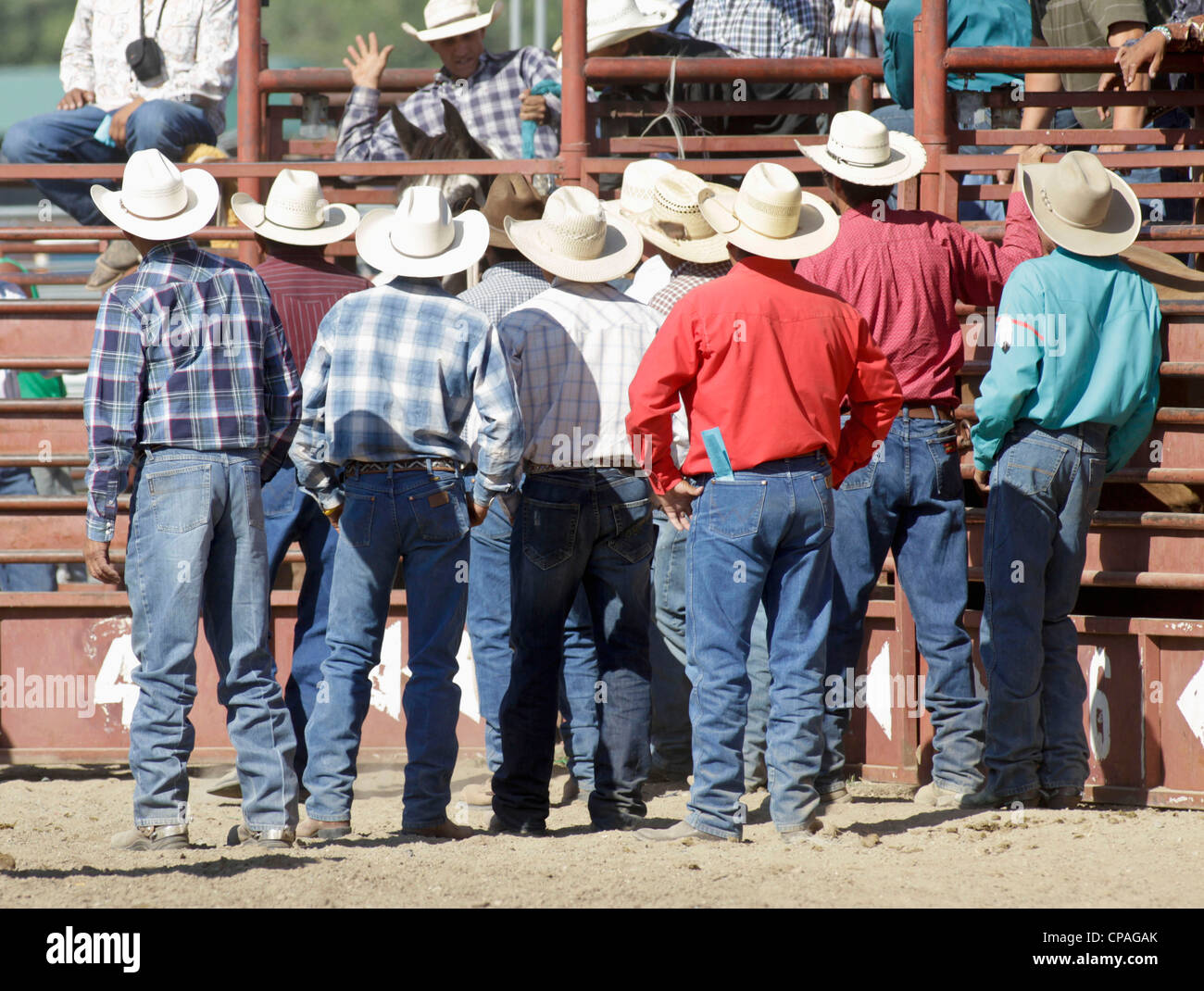 USA, Montana, Crow Agency. Groupe d'hommes regardant les chutes lors de l'Assemblée rodeo tenues au cours de la Crow juste. Banque D'Images