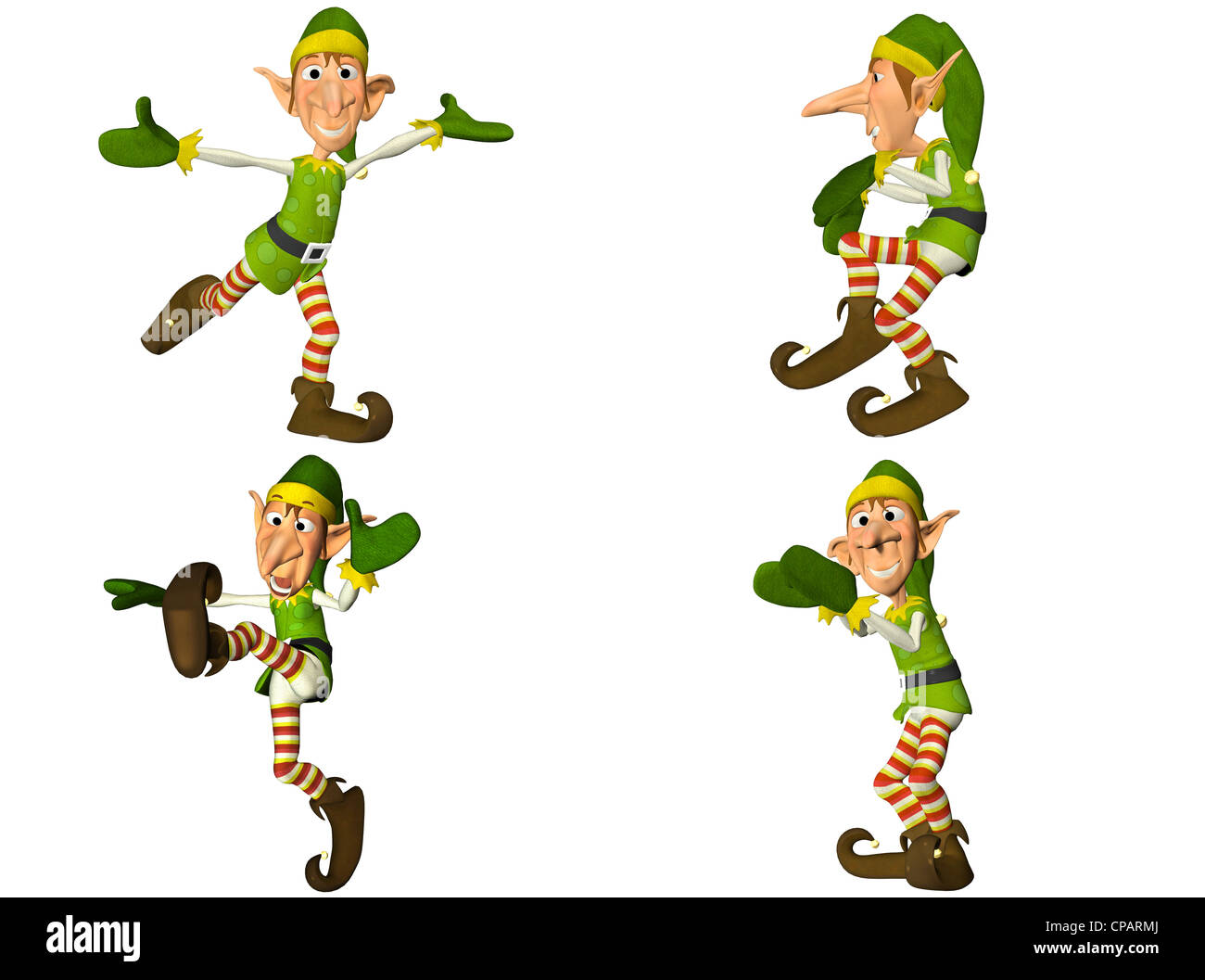Illustration d'un pack de quatre (4) Christmas Elves avec différentes poses et expressions isolé sur fond blanc - 2de2 Banque D'Images