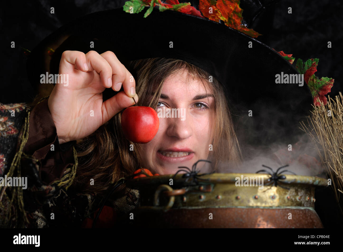 Chaudron ; chaudières ; ; ; Chapeau de sorcière halloween spider web ; ; ; cuivre ; vertical ; orange ; un poison ; apple ; Banque D'Images