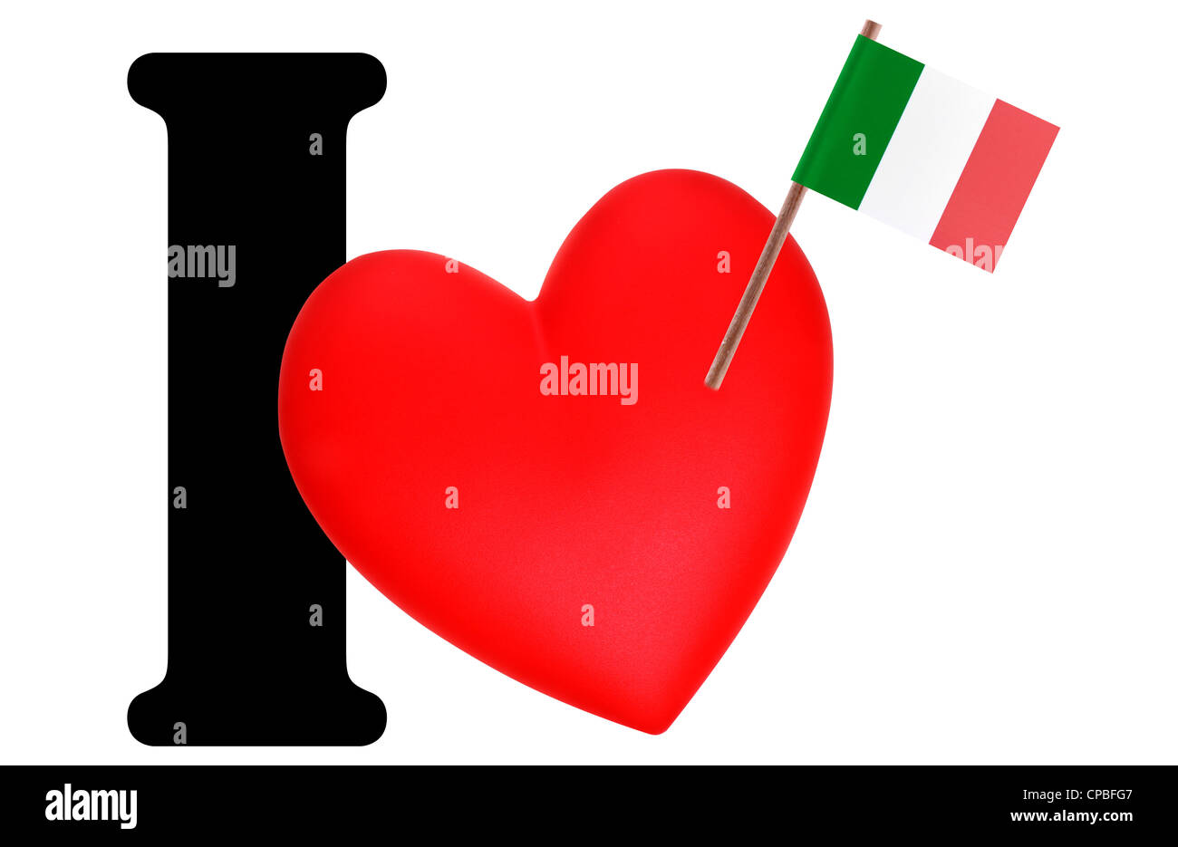 Petit drapeau sur un cœur rouge et le mot que j'ai à exprimer l'amour pour le drapeau national de l'Italie Banque D'Images