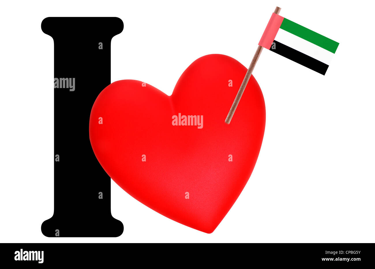 Petit drapeau sur un cœur rouge et le mot que j'ai à exprimer l'amour pour le drapeau national de Émirats Arabes Unis Banque D'Images