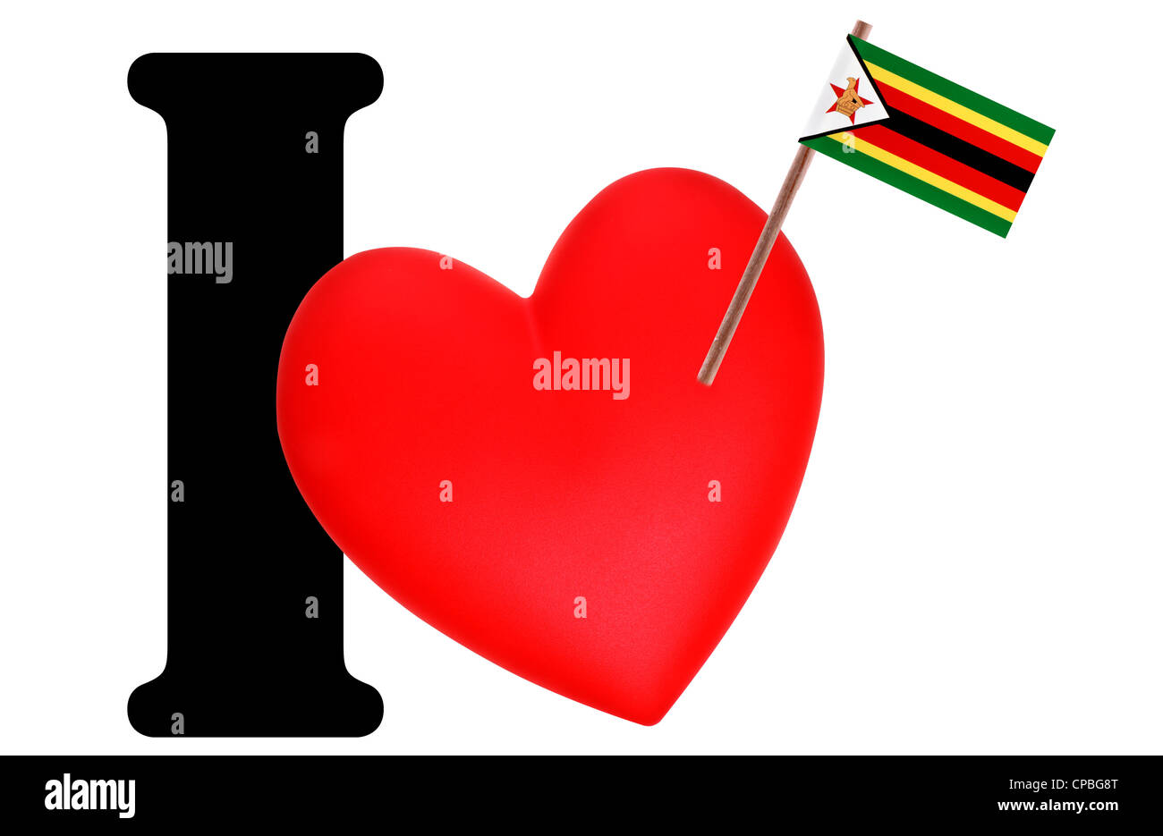 Petit drapeau sur un cœur rouge et le mot que j'ai à exprimer l'amour pour le drapeau national du Zimbabwe Banque D'Images