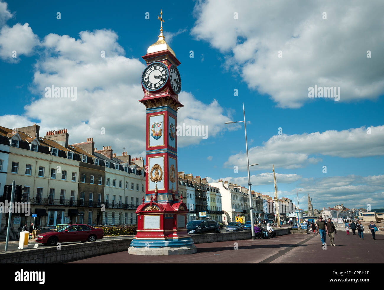 Esplanade Weymouth affiche architecture géorgienne et le jubilé de la reine Victoria Réveil sur front de mer de Weymouth, Dorset, England, UK Banque D'Images
