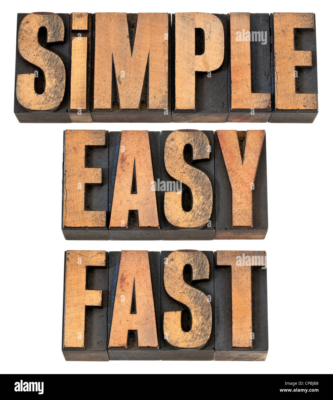 Simple, facile et rapide - un collage de mots isolés dans la typographie vintage type de bois Banque D'Images