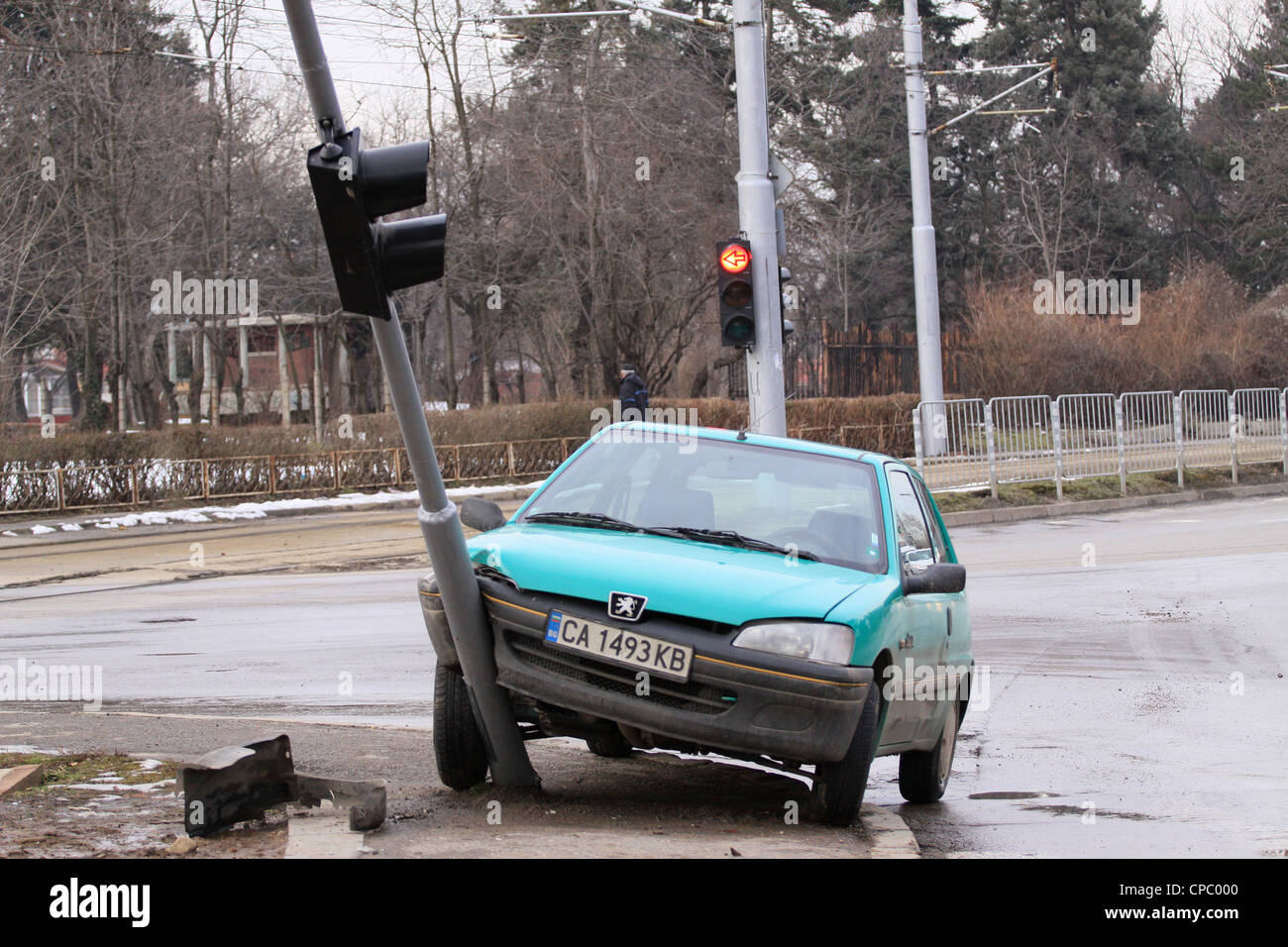 Accident de voiture, accident, feux de circulation Banque D'Images